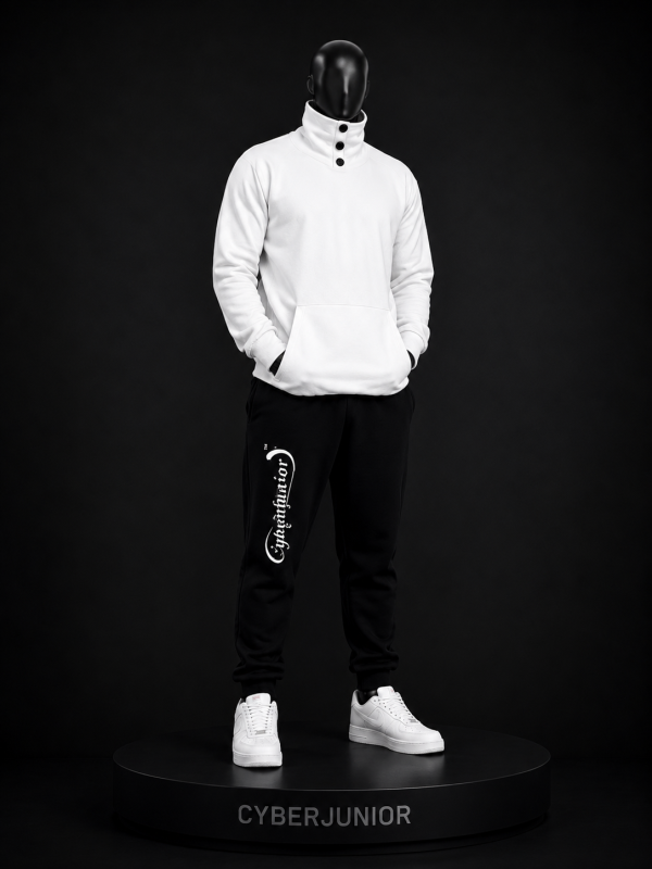 Signature-Button-Neck-Tracksuit-White & Black